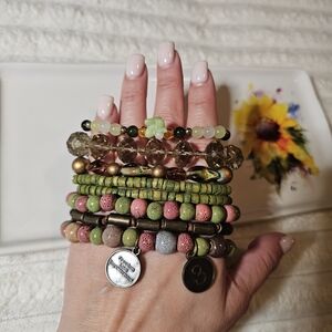 Green Tone Beaded Bracelet Set Of 6 (B18)